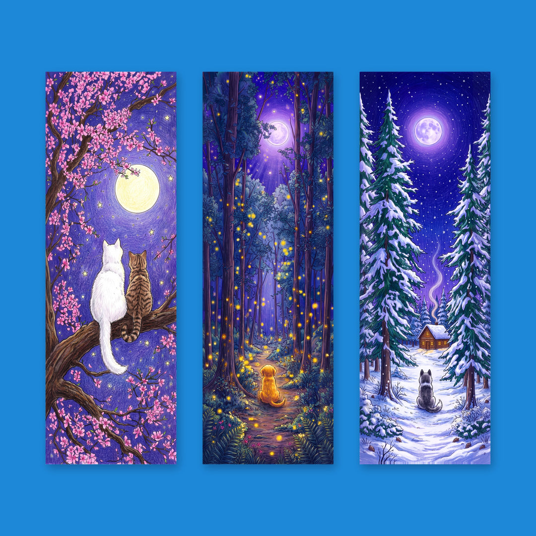 Moonlit bookmark set of 3 – cherry blossom cats, fireflies puppy and winter forest husky 2x6 bookmarks side by side – Designs by Mysh