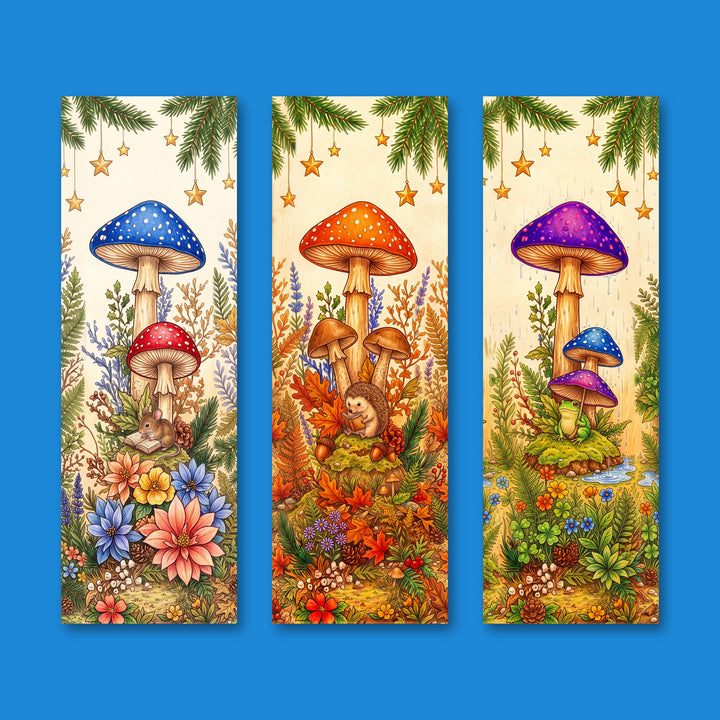 Woodland mushroom bookmark set of 3: mouse reading under toadstools, hedgehog reading under an orange mushroom, frog under a mushroom umbrella - 2x6 colored-pencil bookmarks by Designs by Mysh