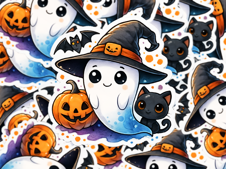 Halloween Ghost Cat Sticker, Kawaii Witch Ghost Vinyl, Pumpkin Bat Cute Fall Sticker, Spooky Season Aesthetic Decor - Designs by Mysh