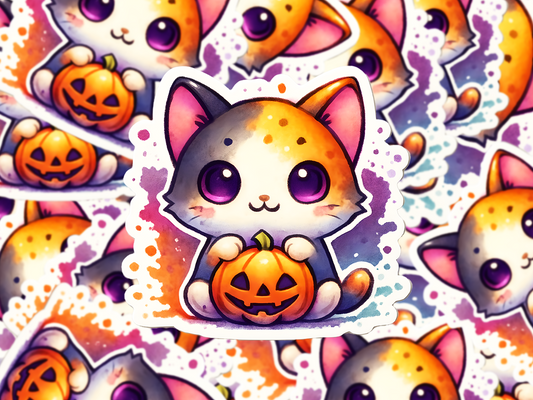 Kawaii Halloween Cat Sticker, Watercolor Calico Kitty with Pumpkin, Cute Spooky Vinyl Decal, Fall Aesthetic Sticker