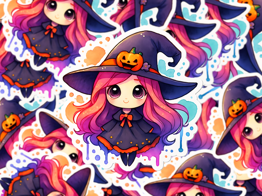 Kawaii Witch Sticker, Cute Halloween Girl Vinyl Decal, Pink Hair Pumpkin Hat Witch, Spooky Season Aesthetic Sticker