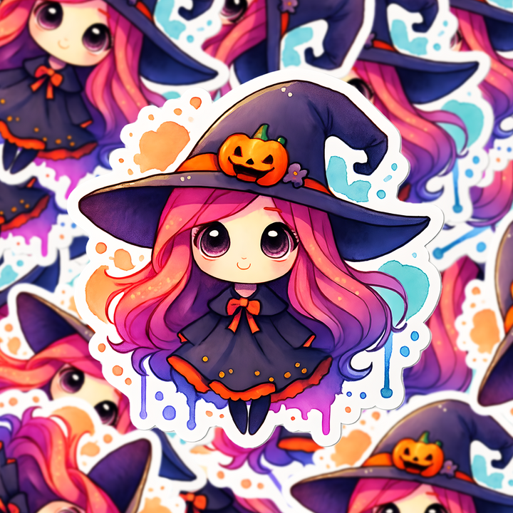 Kawaii Witch Sticker, Cute Halloween Girl Vinyl Decal, Pink Hair Pumpkin Hat Witch, Spooky Season Aesthetic Sticker - Designs by Mysh