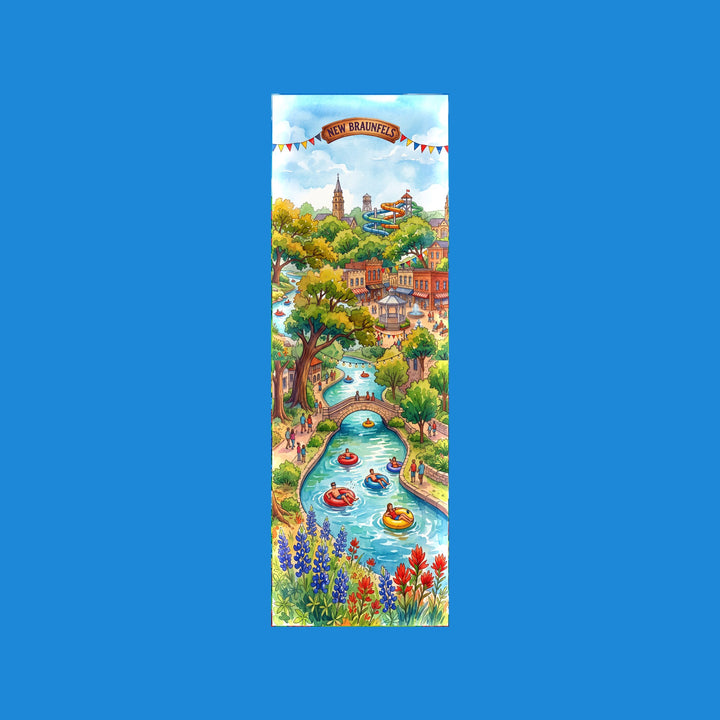 New Braunfels Texas watercolor 2x6 bookmark with tubers floating the Comal River past downtown and the Main Plaza gazebo - Designs by Mysh