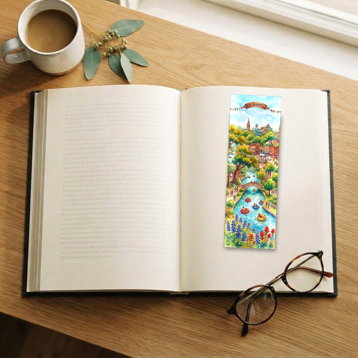 New Braunfels Texas watercolor traditional bookmark on an open book with coffee and glasses - Designs by Mysh