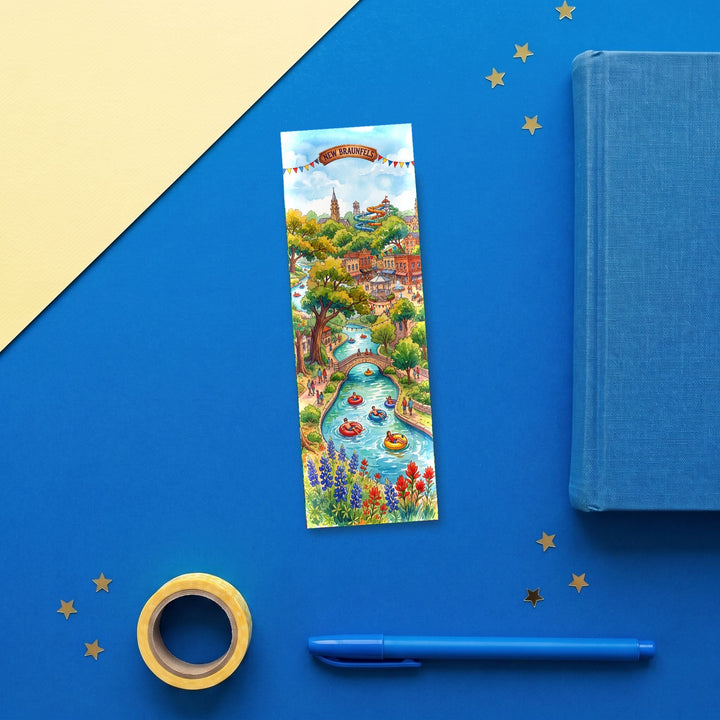 New Braunfels Texas 2x6 inch bookmark flat lay with blue book and stationery - Designs by Mysh