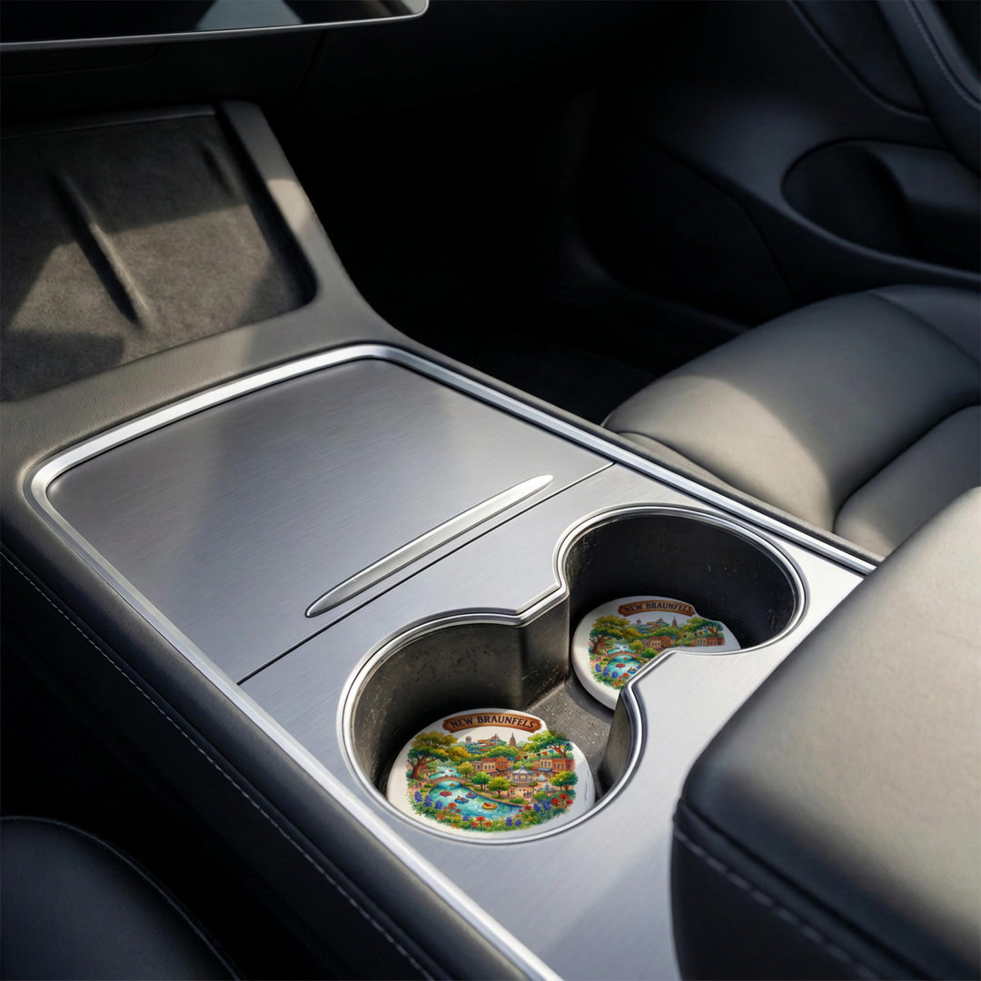 New Braunfels, Texas car coaster in a vehicle center console cupholder – Designs by Mysh