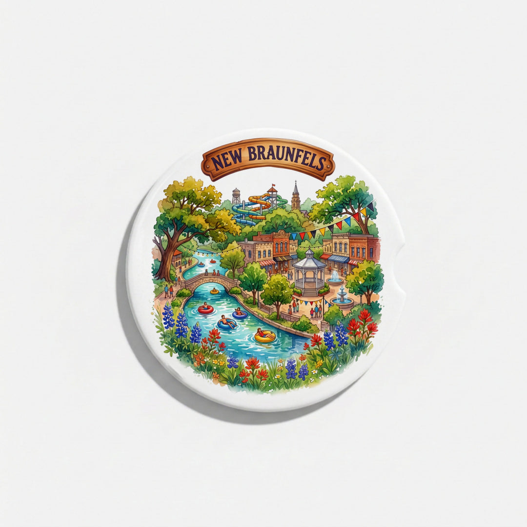 Single round ceramic car coaster with a watercolor New Braunfels, Texas design, sold individually – Designs by Mysh