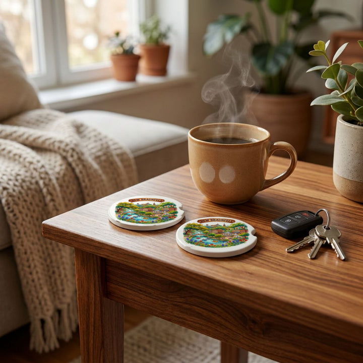 New Braunfels, Texas car coasters styled on a wooden side table beside a coffee mug and keys – Designs by Mysh