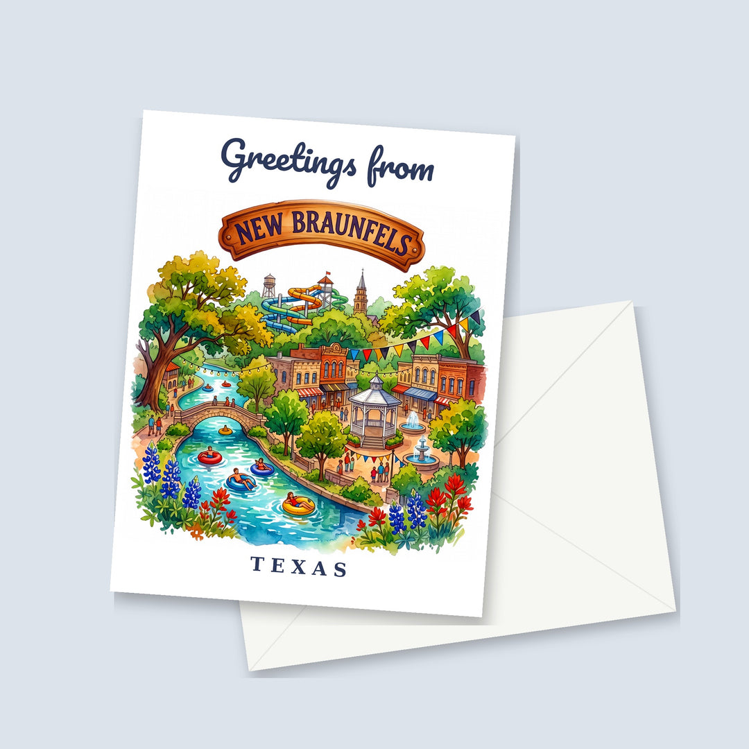 Greetings from New Braunfels Texas watercolor greeting card with tubers on the Comal River, shown with a white envelope