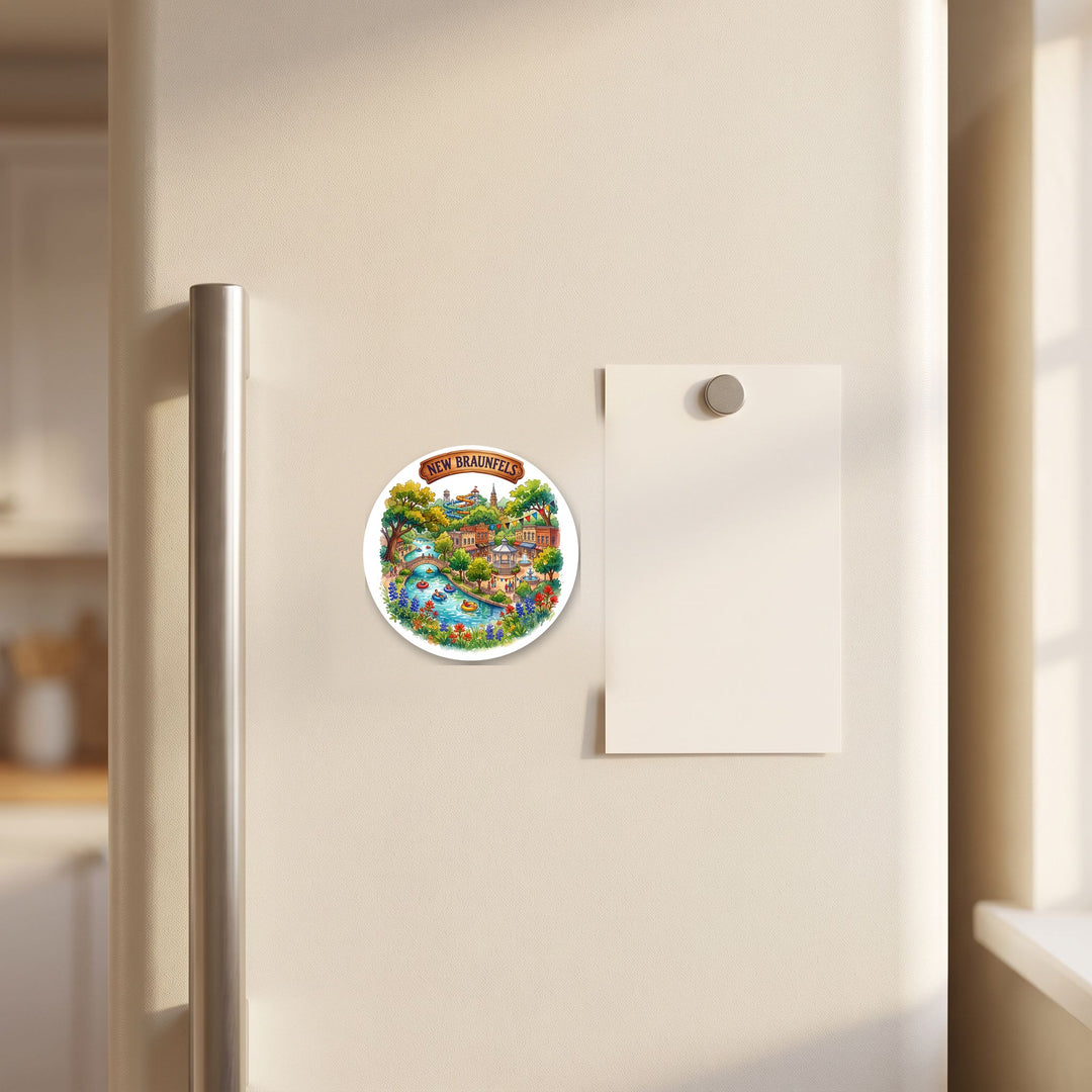 New Braunfels, Texas watercolor magnet on a refrigerator door – Designs by Mysh