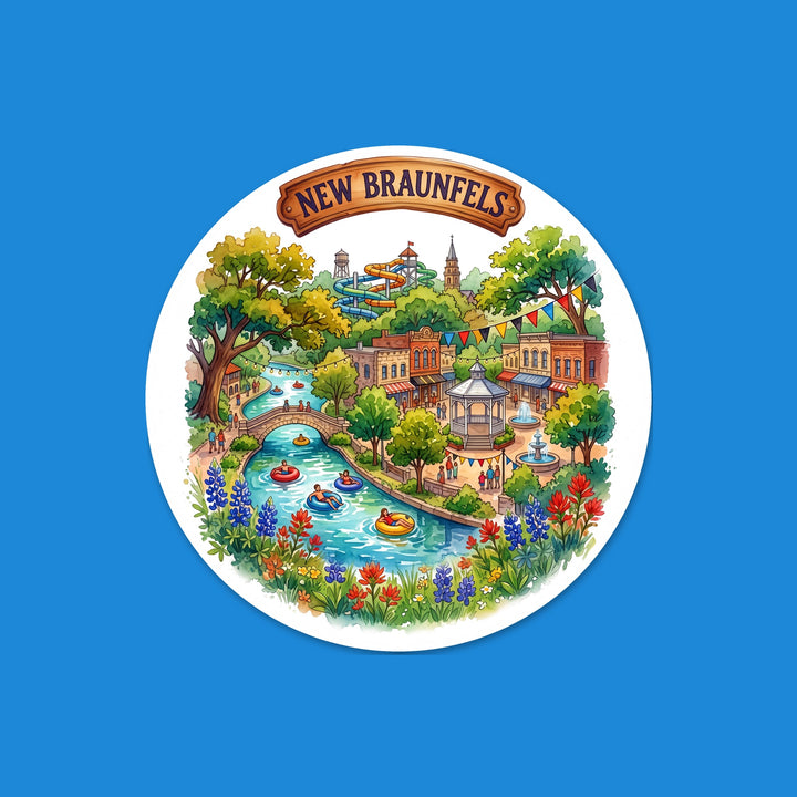 New Braunfels, Texas watercolor round flexible fridge magnet with bluebonnets – Designs by Mysh