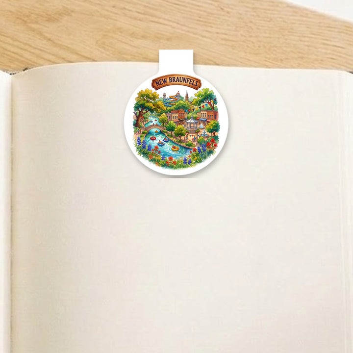 New Braunfels, Texas watercolor magnetic bookmark clipped on an open book – Designs by Mysh