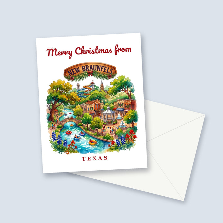 Merry Christmas from New Braunfels Texas watercolor Christmas card with tubers on the Comal River and bluebonnets, a garland-trimmed town sign and a white envelope