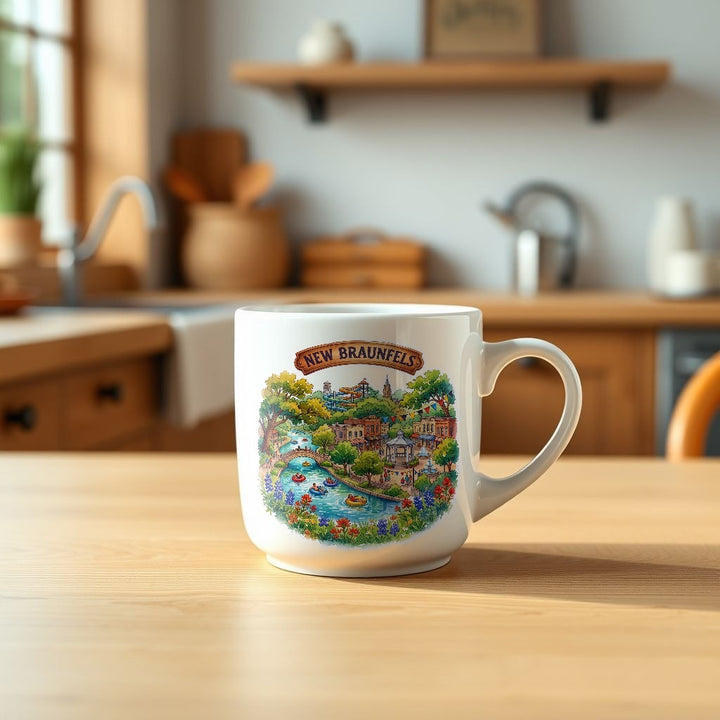 New Braunfels Texas watercolor mug on a kitchen table - Designs by Mysh