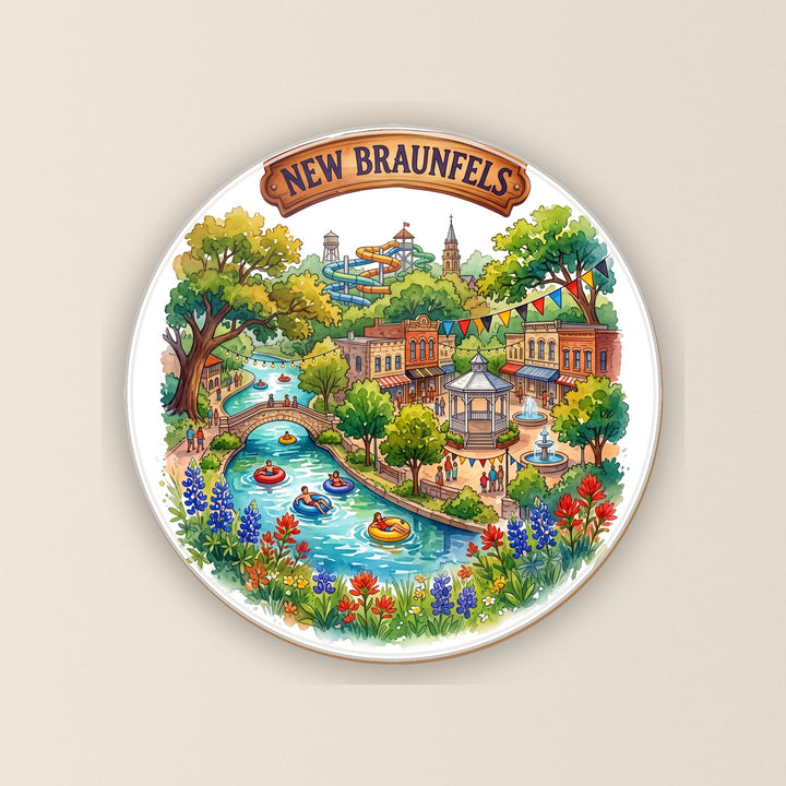 New Braunfels, Texas watercolor round ceramic coaster – Designs by Mysh