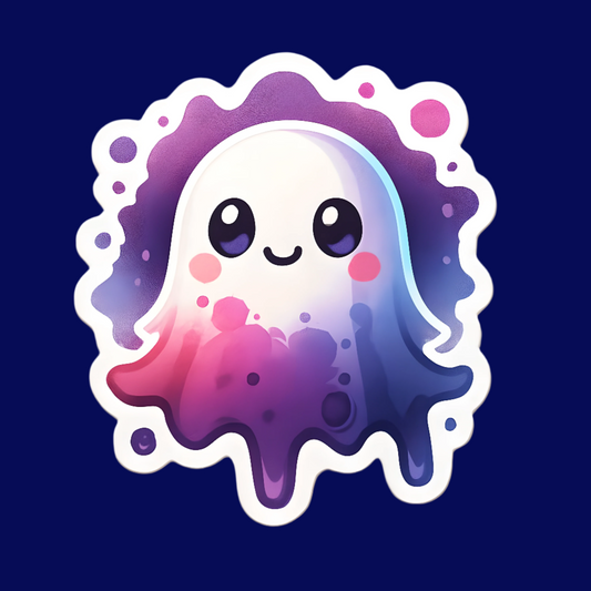 Colorful ghost-like character with a pastel gradient on a light pink background
