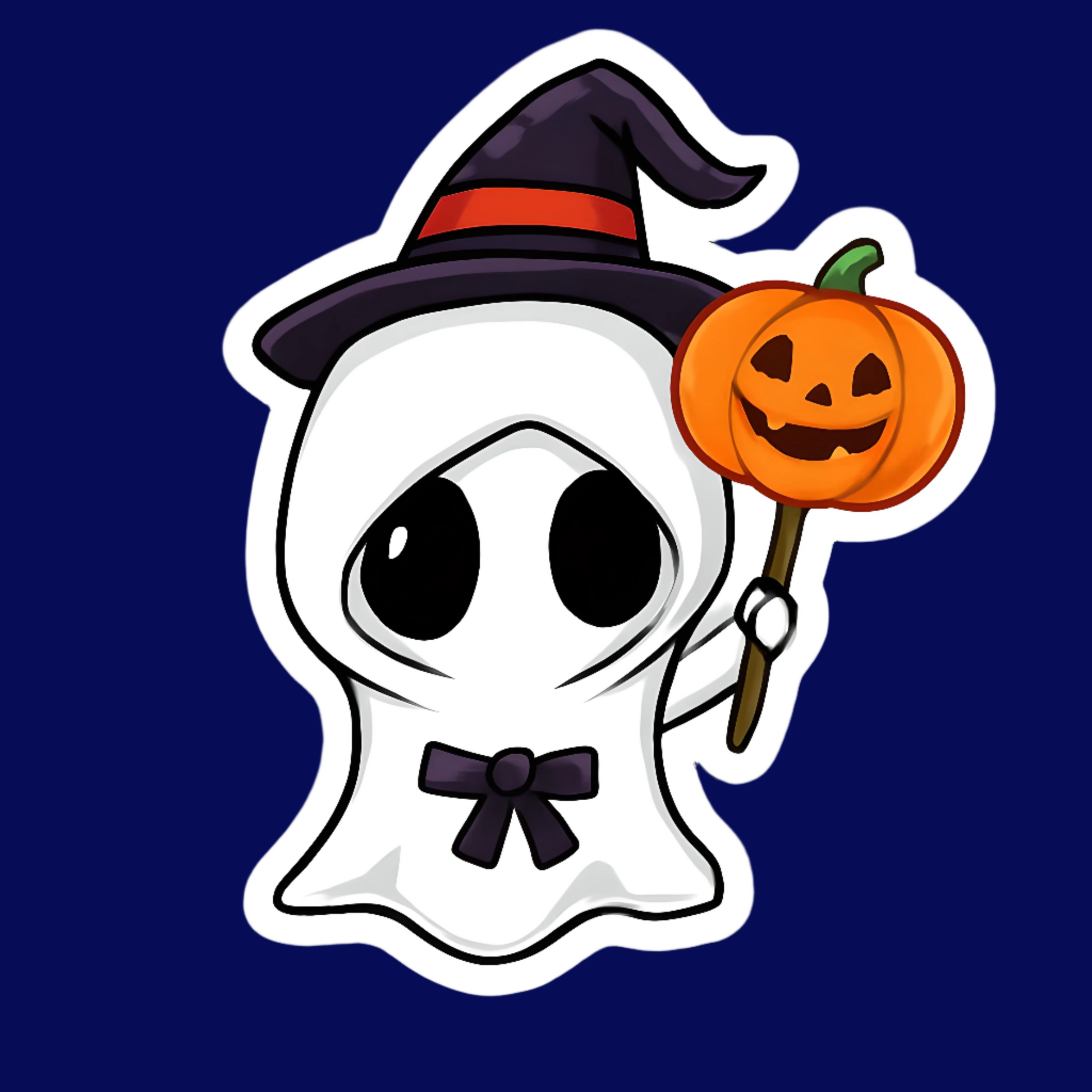 Cartoon ghost wearing a witch hat holding a pumpkin on a gray background