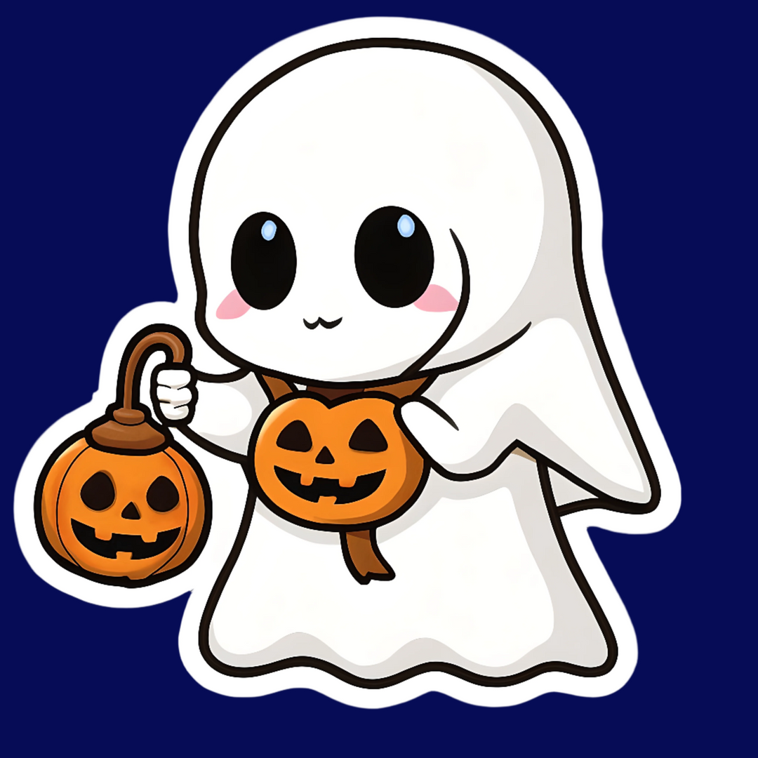 Cartoon ghost with pumpkin baskets on a white background