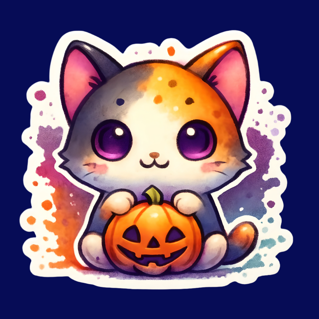 Cute cartoon cat holding a pumpkin with Halloween-themed background