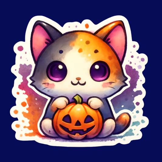 Cute cartoon cat holding a pumpkin with Halloween-themed background