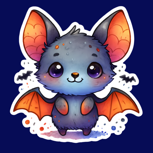 Cartoon bat with orange wings and purple body on a white background