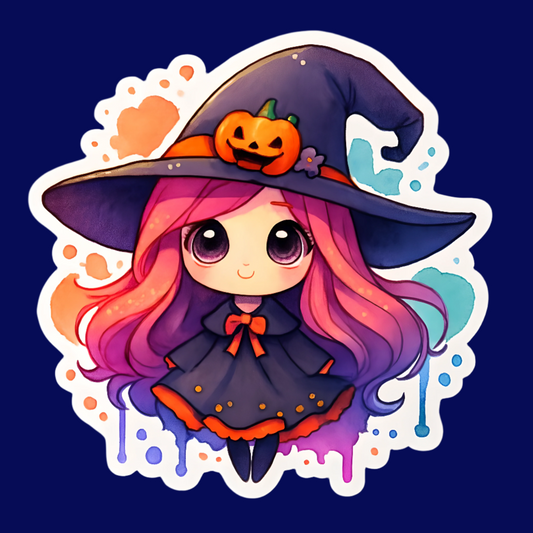 Cartoon witch with colorful hair and a pumpkin hat on a light gray background