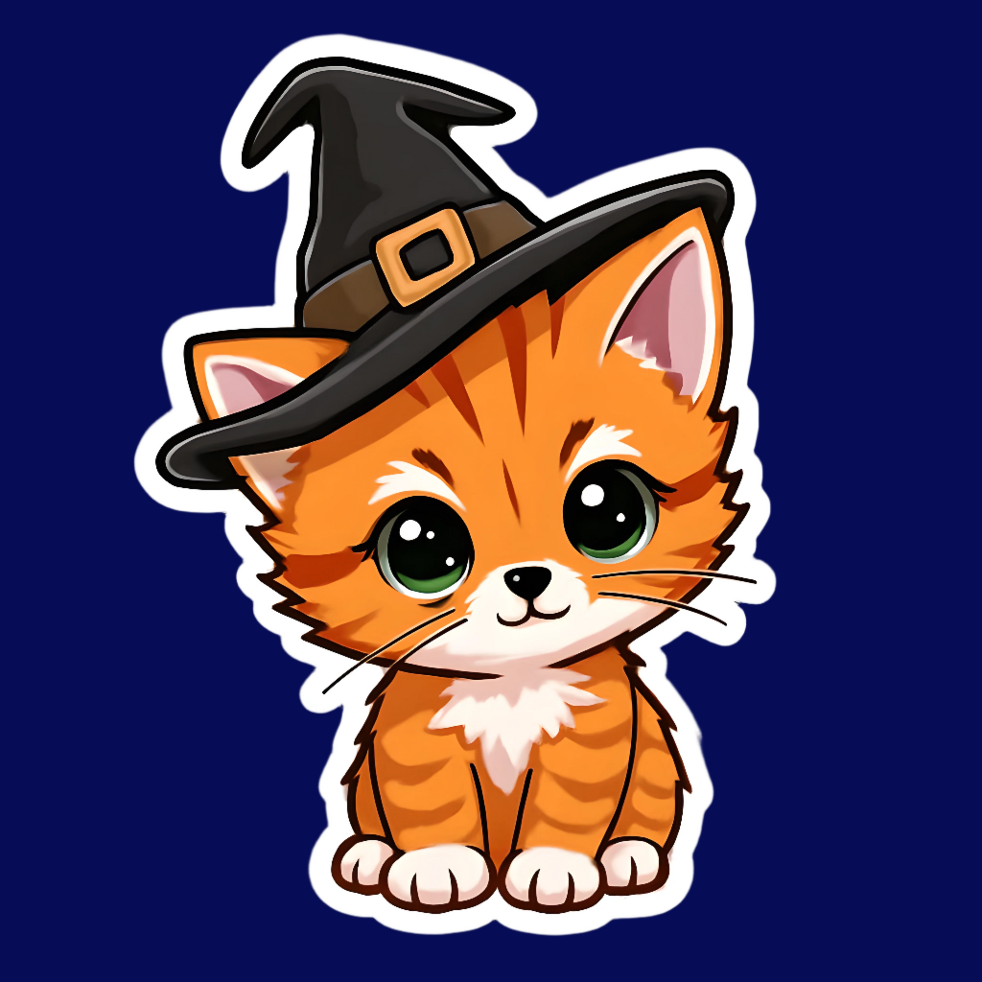 Cartoon cat wearing a witch hat on a beige background