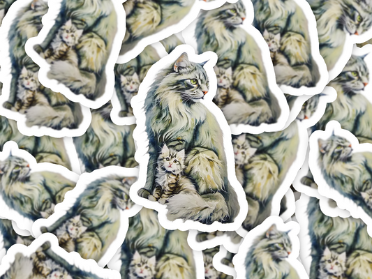 Norwegian Forest Cat Sticker, Fluffy Mama & Kitten Art, Vinyl Cat Decal, Cat Mom Gift, Laptop or Journal Decor