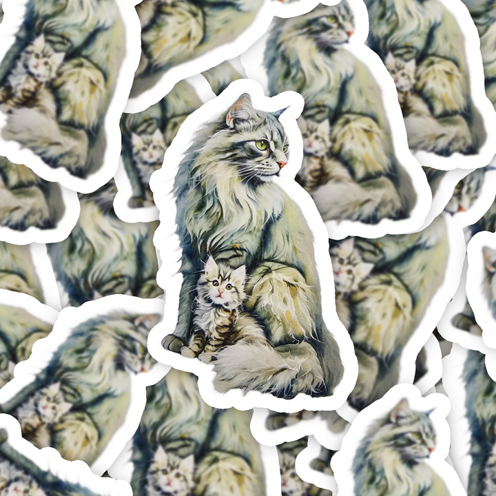 Norwegian Forest Cat Sticker, Fluffy Mama & Kitten Art, Vinyl Cat Decal, Cat Mom Gift, Laptop or Journal Decor - Designs by Mysh