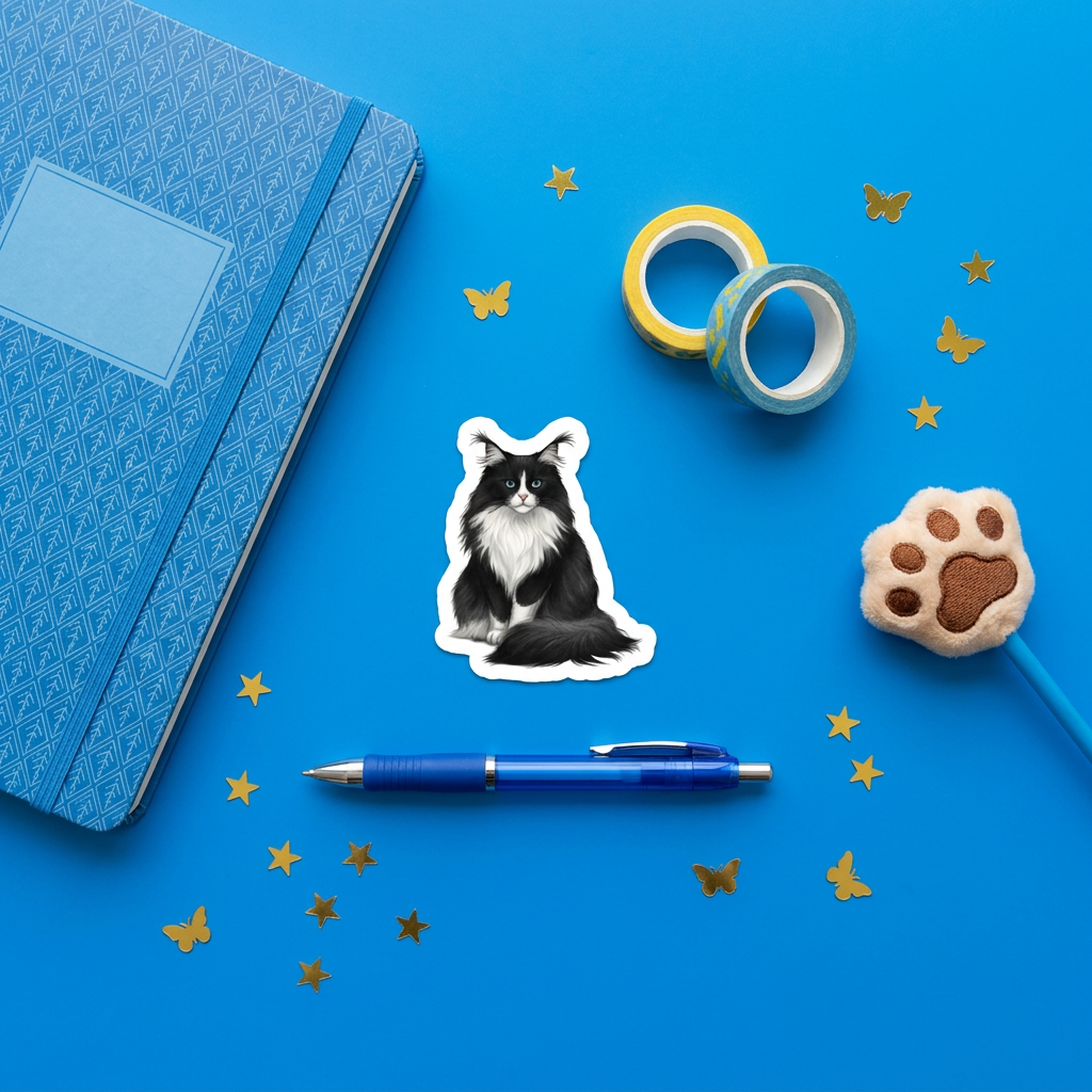 Norwegian Forest Cat Black White Sticker brand flat lay - Designs by Mysh