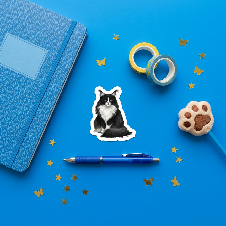 Norwegian Forest Cat Black White Sticker brand flat lay - Designs by Mysh