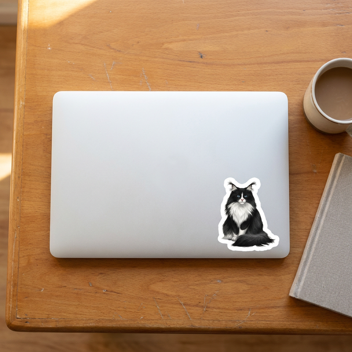 Norwegian Forest Cat Black White Sticker on a laptop - Designs by Mysh