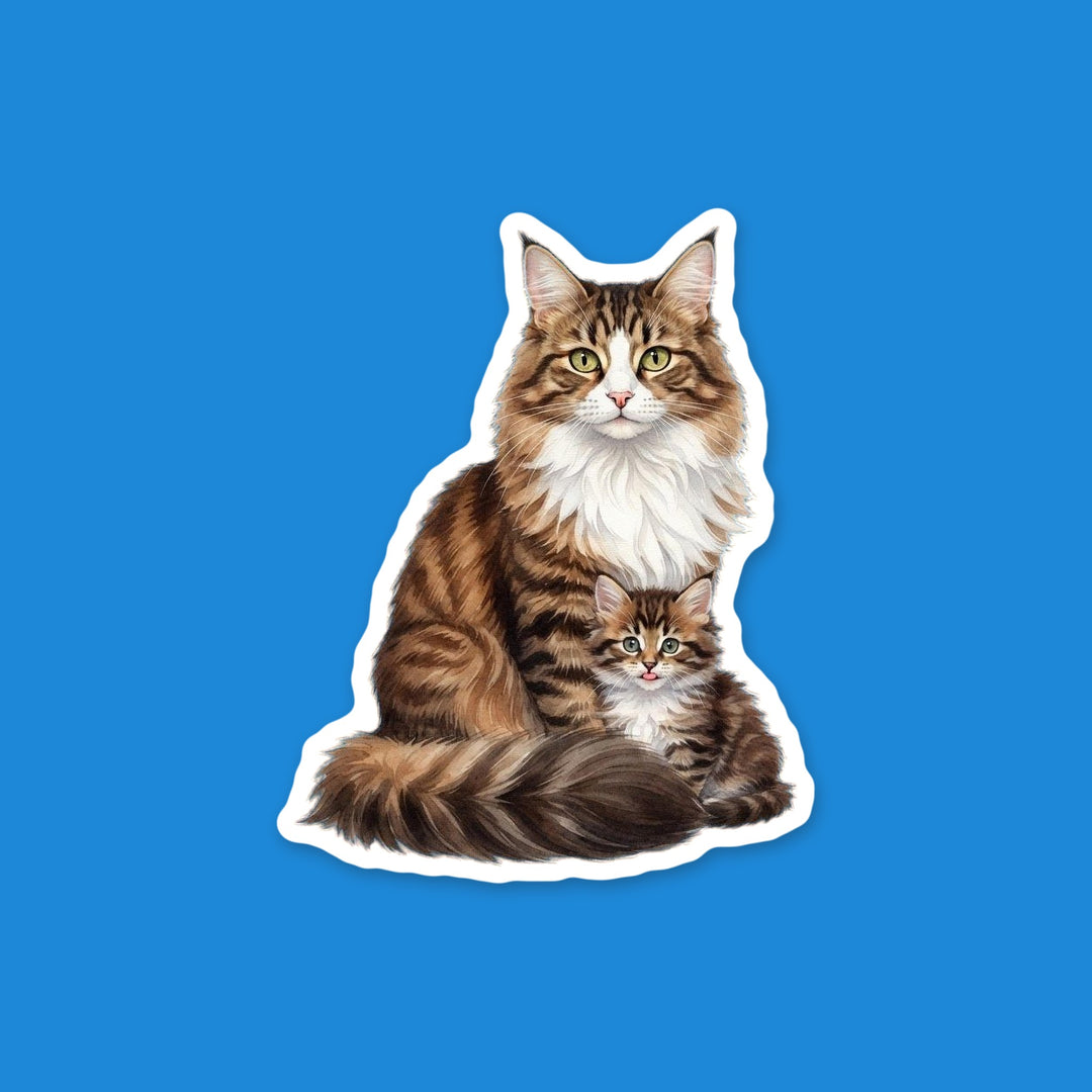 Brown tabby and white Norwegian Forest Cat mama with her kitten nestled against her watercolor flexible fridge magnet – Designs by Mysh