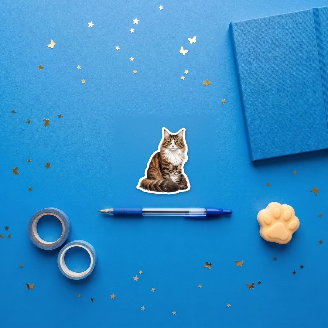 Norwegian Forest Cat and kitten flexible fridge magnet flat lay with blue and yellow stationery – Designs by Mysh