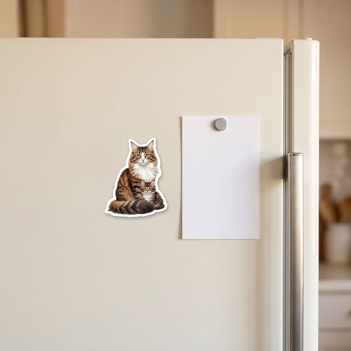 Norwegian Forest Cat and kitten magnet on a refrigerator door next to a 4x6 card for scale
