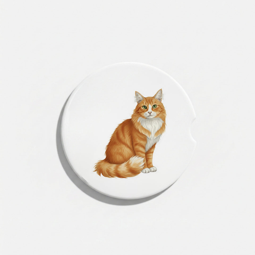Single round ceramic car coaster featuring a watercolor-style illustration of a long-haired orange tabby cat, sold individually.