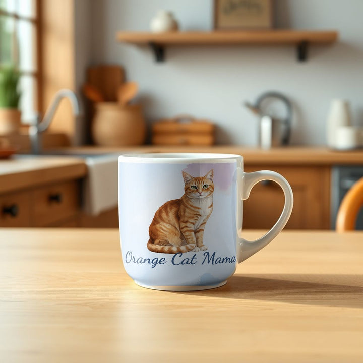 Orange Cat Mama watercolor Orange tabby cat mug on a kitchen table - Designs by Mysh