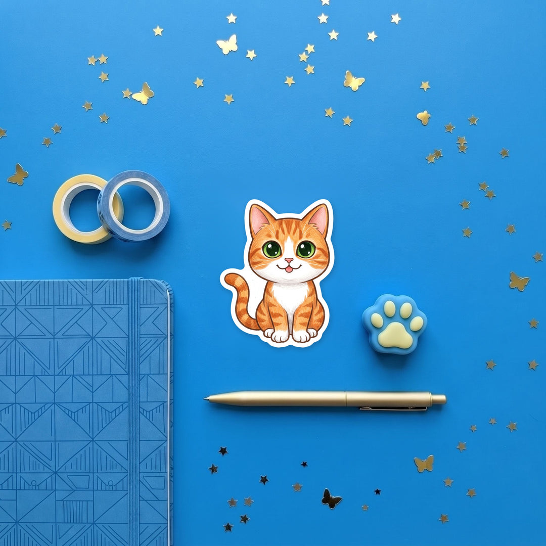 Orange and White Short Hair Cat kawaii magnet flat lay with stationery – Designs by Mysh