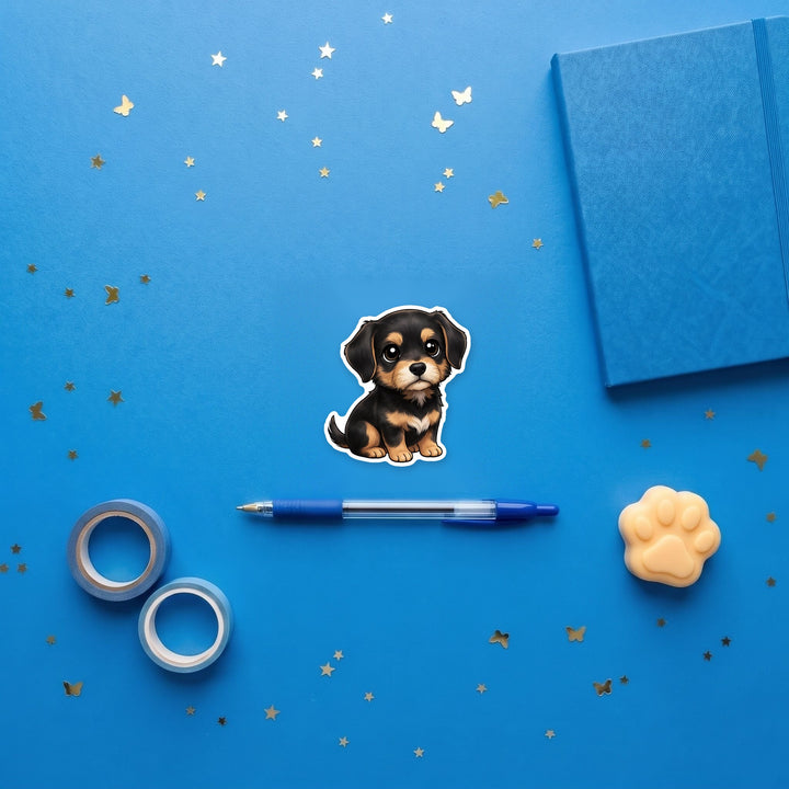 Otterhound Black and Tan sticker flat lay with stationery