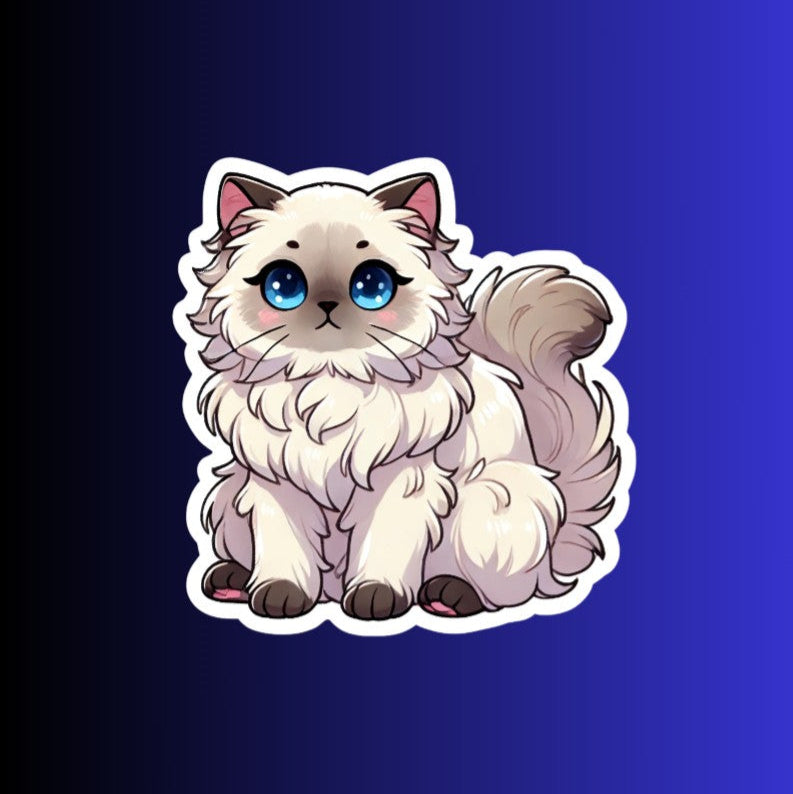 A vinyl sticker of a cute cartoon cat with wide eyes and a fluffy appearance, predominantly in shades of white and grey, on a blue background.