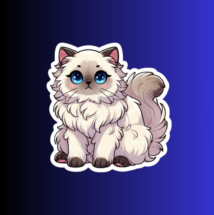 A vinyl sticker of a cute cartoon cat with wide eyes and a fluffy appearance, predominantly in shades of white and grey, on a blue background.