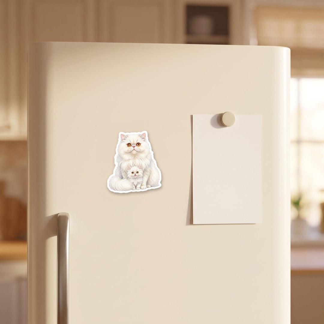 Persian cat and kitten magnet on a refrigerator door next to a 4x6 card for scale