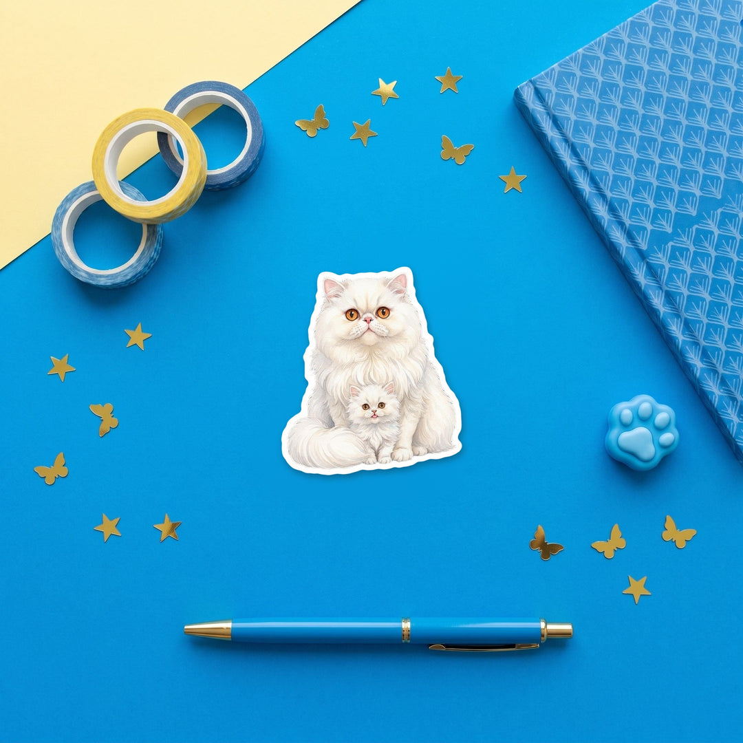 Persian cat and kitten 3 inch sticker flat lay with blue and yellow stationery – Designs by Mysh