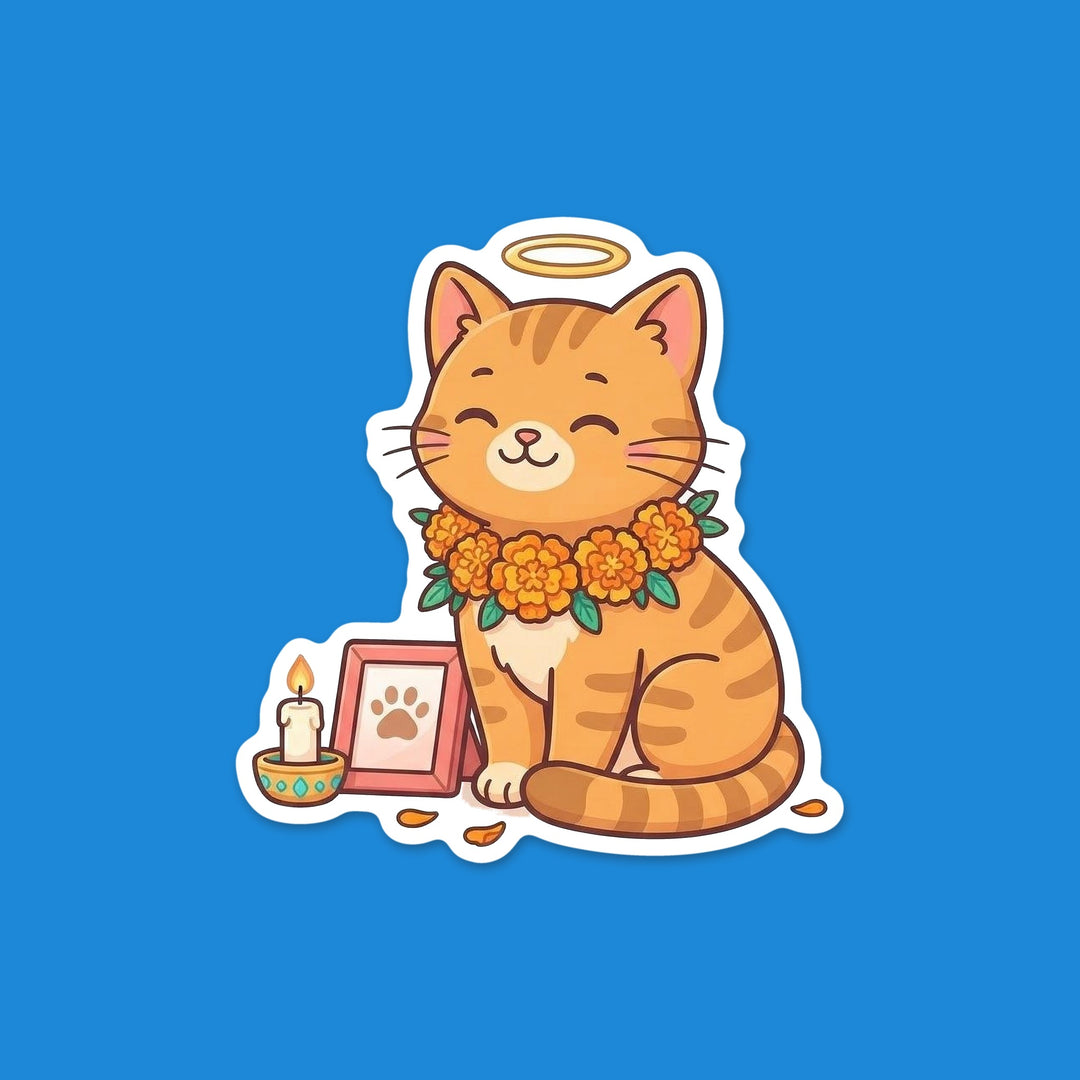 Pet memorial sticker of a kawaii cat with a halo and marigold garland beside a candle and paw print frame – Designs by Mysh