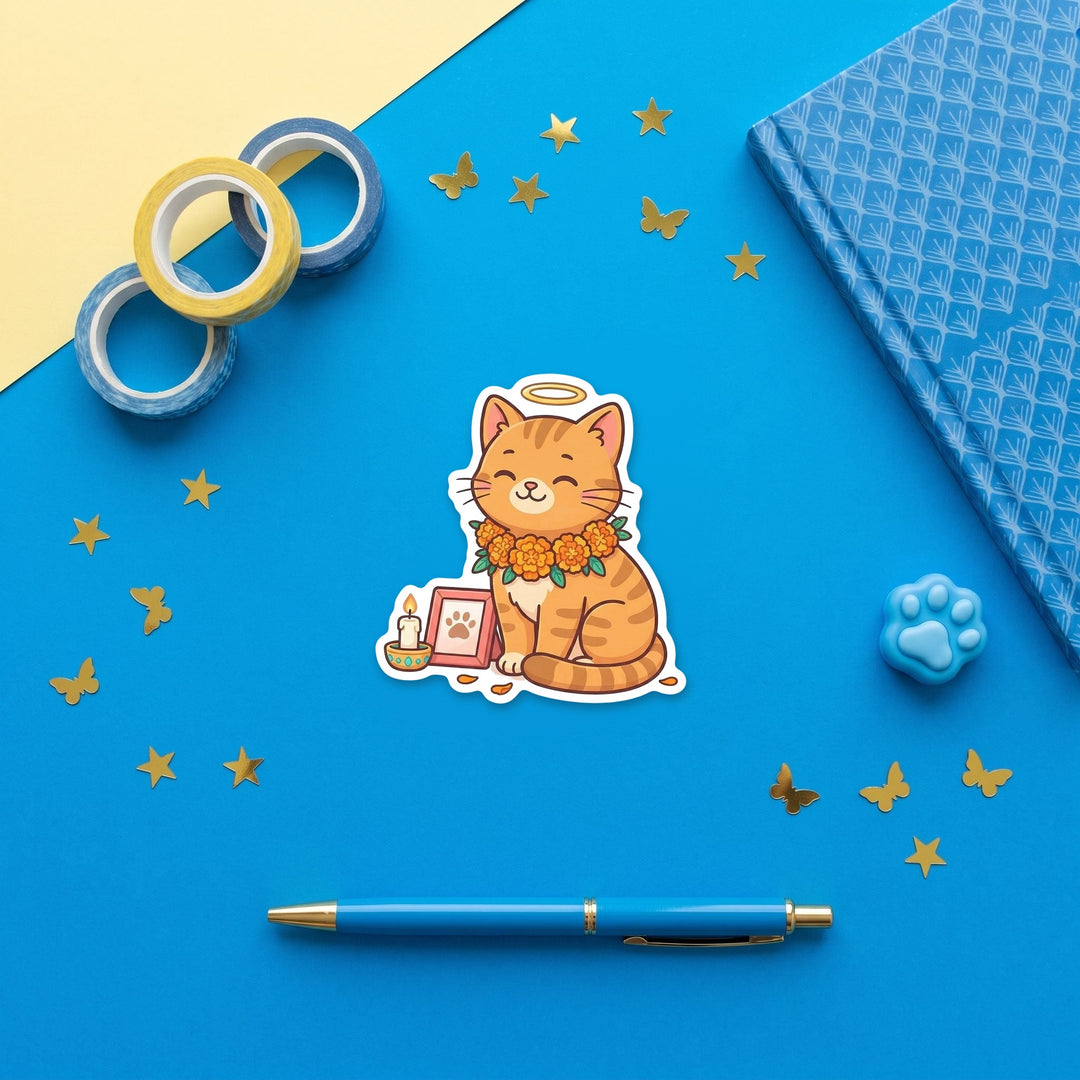 Pet memorial cat 3 inch sticker flat lay with blue and yellow stationery – Designs by Mysh