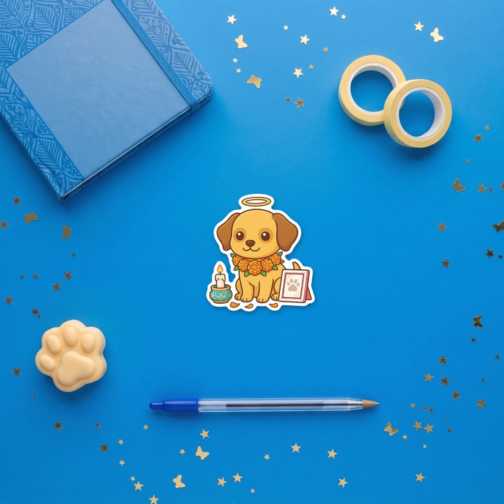 Pet memorial dog 3 inch sticker flat lay with blue and yellow stationery – Designs by Mysh