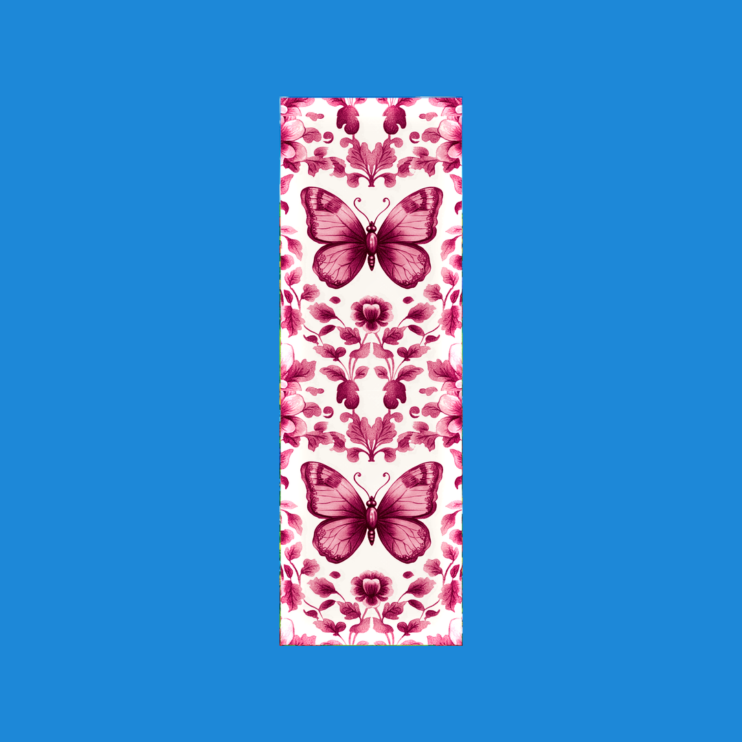 Pink butterfly chinoiserie 2x6 bookmark with mirrored florals on cream - Designs by Mysh