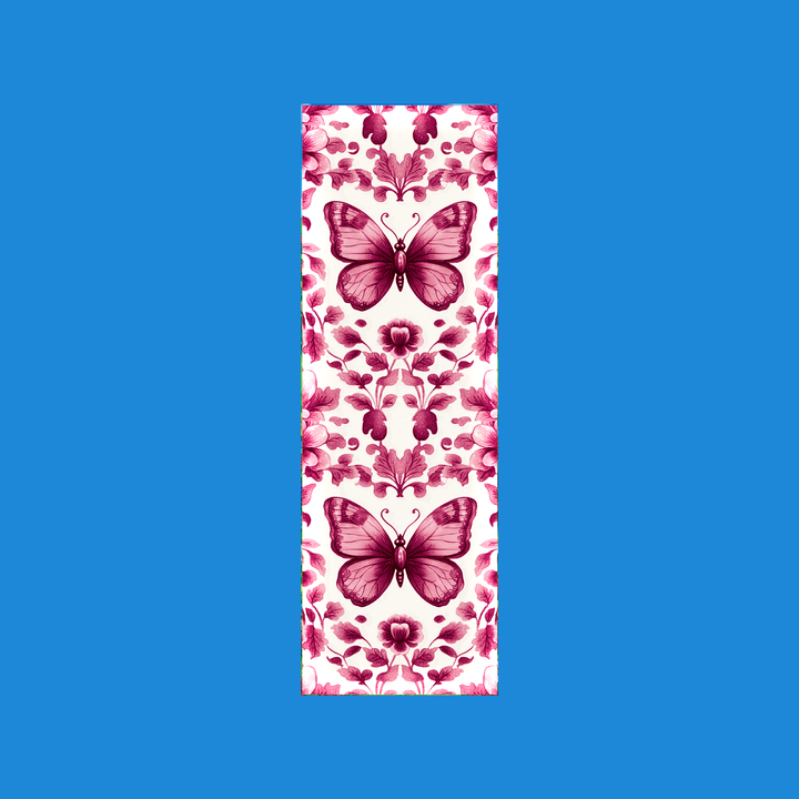 Pink butterfly chinoiserie 2x6 bookmark with mirrored florals on cream - Designs by Mysh
