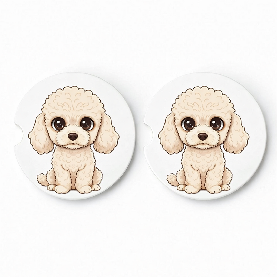 Two round ceramic coasters with a cute cartoon poodle design on a white background.