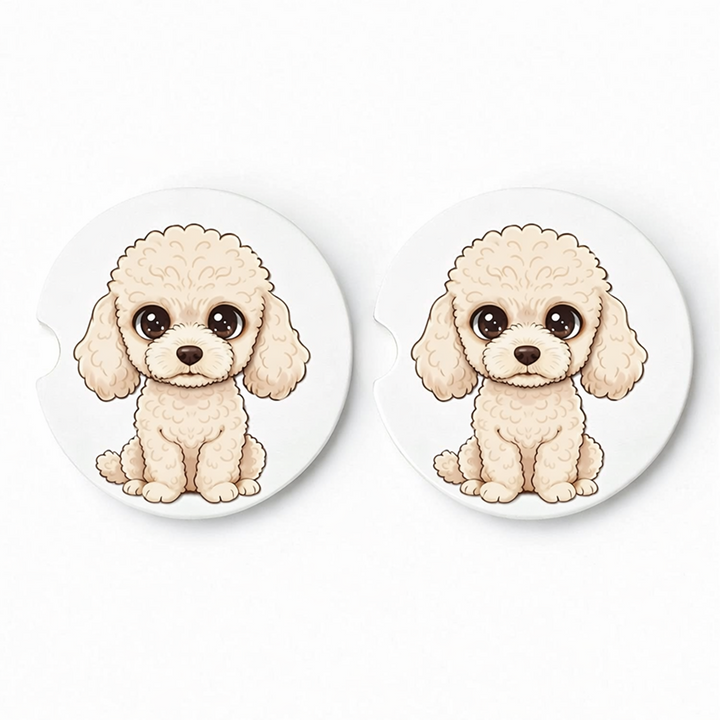 Two round ceramic coasters with a cute cartoon poodle design on a white background.